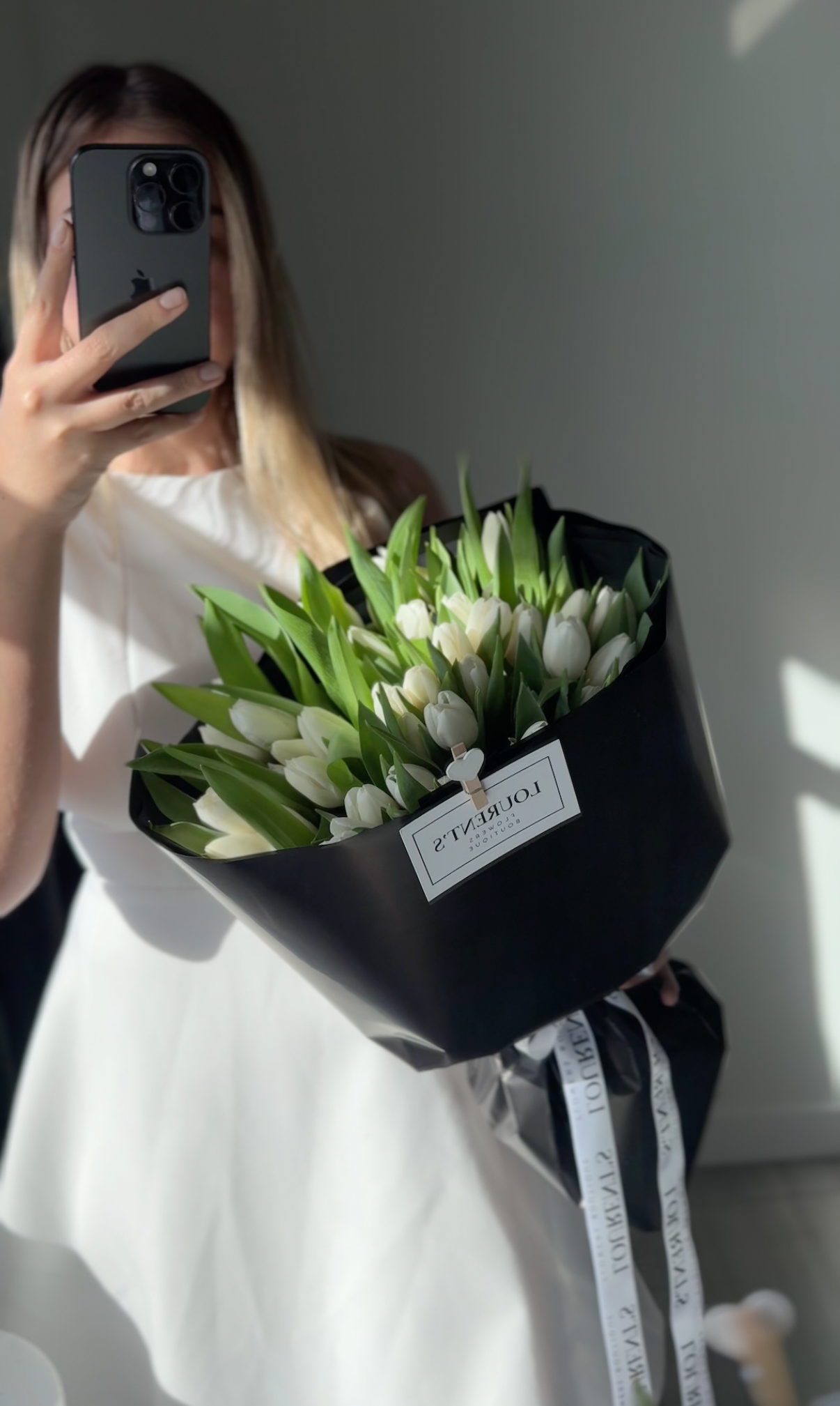 Bouquet White Tulips in Black Wrapping Paper