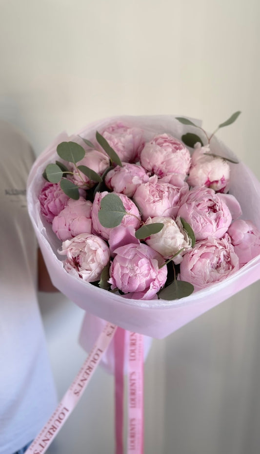 Peonies Sarah Bernhardt & eucalyptus